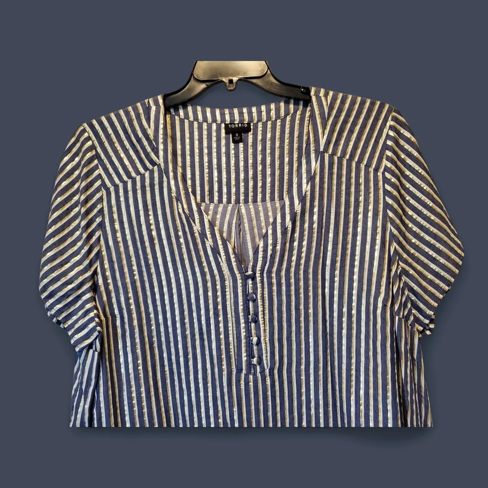 Torrid Plus Size Blue, White,and Gold Striped Blouse, Size 3X - Picture 2 of 4